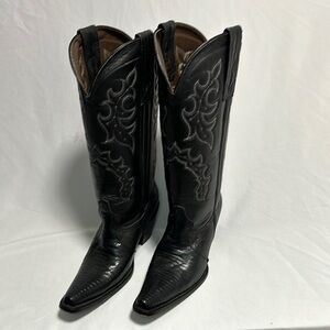 Classic Black/Deep Blue Cowboy Boots with Intricate Stitching and Pointed Toe
